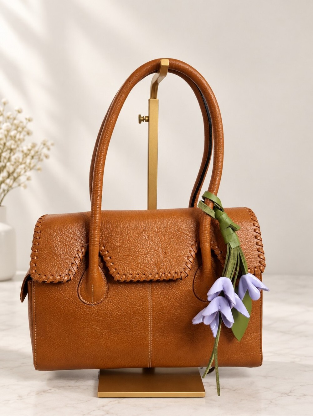 Vintage Cognac Brown Pebbled Leather Whipstitch Satchel Bag w/ Floral Charm